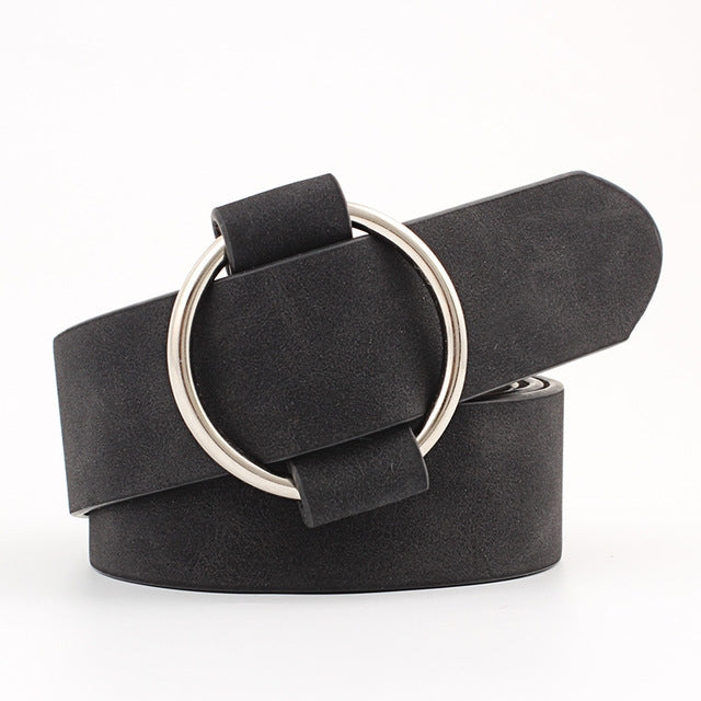 Cintura casual in pelle PU ampia con fibbia rotonda senza ago per donna, 103cm