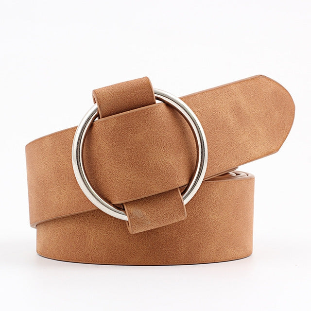 Cintura casual in pelle PU ampia con fibbia rotonda senza ago per donna, 103cm
