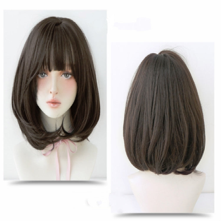 Parrucca femminile per capelli corti con frangia adatta per capelli con fibbia a spalla tonda, Chocolate Color 40CM, Honey Pudding Black Top 40CM, Cold Brown 40CM, Black Brown 40CM
