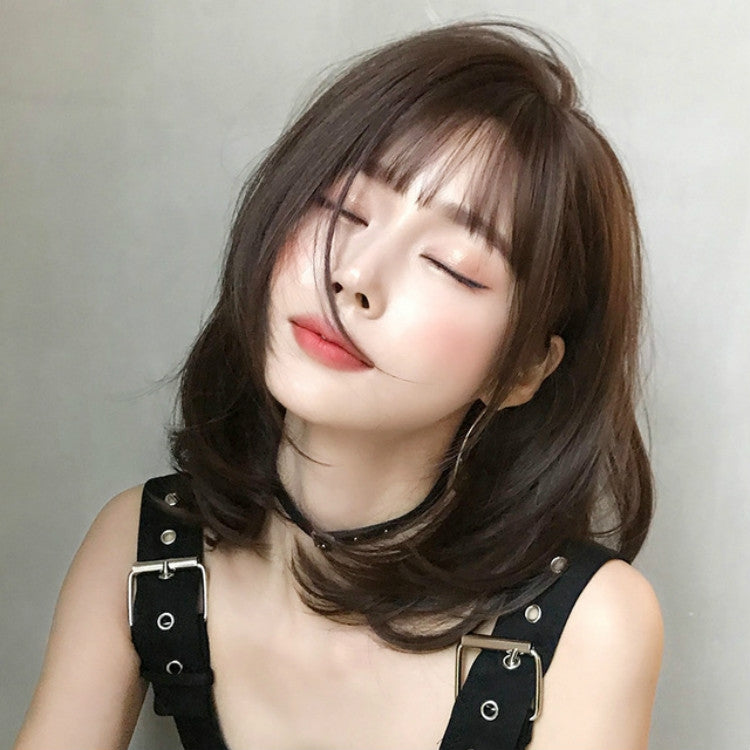 Parrucca femminile per capelli corti con frangia adatta per capelli con fibbia a spalla tonda, Chocolate Color 40CM, Honey Pudding Black Top 40CM, Cold Brown 40CM, Black Brown 40CM