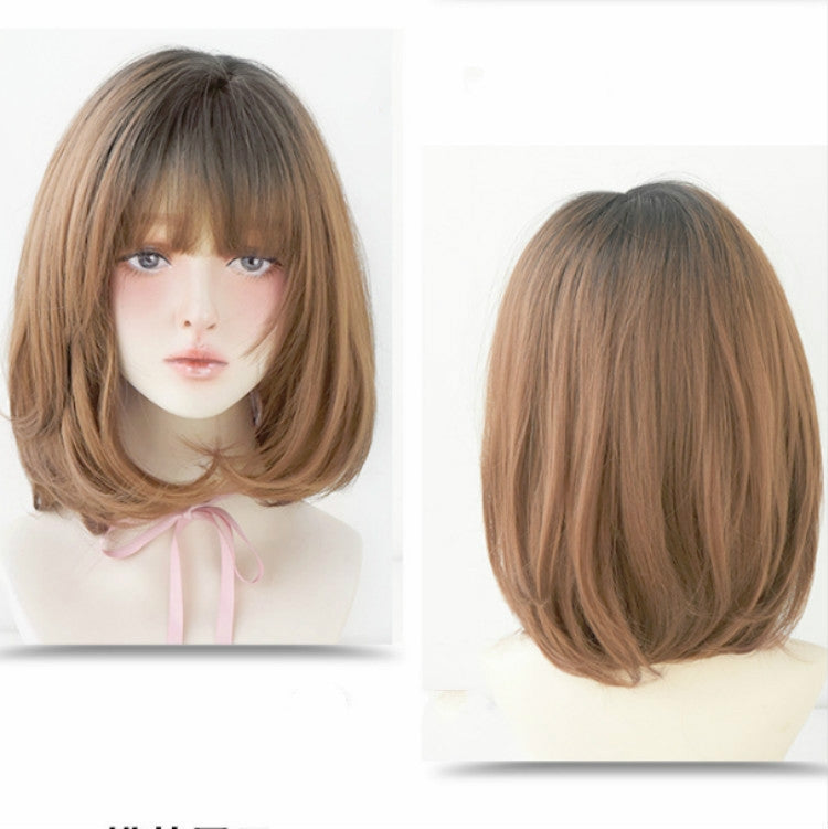 Parrucca femminile per capelli corti con frangia adatta per capelli con fibbia a spalla tonda, Chocolate Color 40CM, Honey Pudding Black Top 40CM, Cold Brown 40CM, Black Brown 40CM