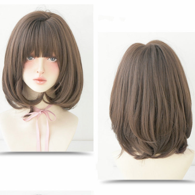 Parrucca femminile per capelli corti con frangia adatta per capelli con fibbia a spalla tonda, Chocolate Color 40CM, Honey Pudding Black Top 40CM, Cold Brown 40CM, Black Brown 40CM