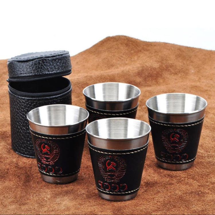 4 in 1 70ml Stoviglie da campeggio all'aperto Tazze da viaggio Set Forniture da picnic Bicchiere da birra per vino in acciaio inossidabile Tazze da whisky Pelle PU