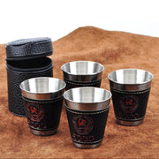 4 in 1 70ml Stoviglie da campeggio all'aperto Tazze da viaggio Set Forniture da picnic Bicchiere da birra per vino in acciaio inossidabile Tazze da whisky Pelle PU