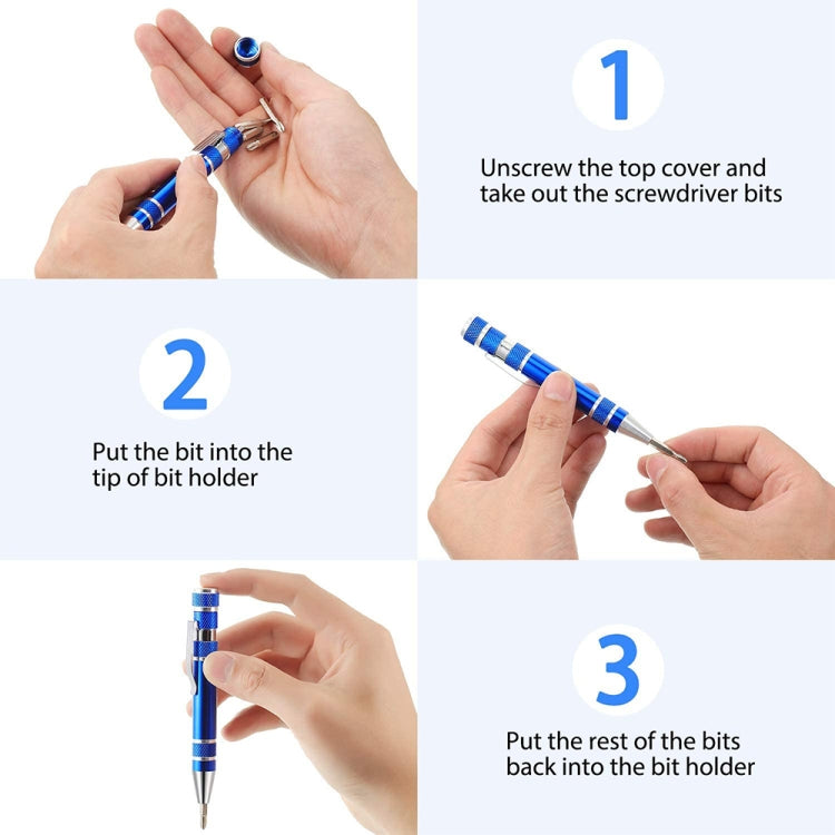 Set di cacciaviti con penna multifunzione in alluminio mini 8 in 1
