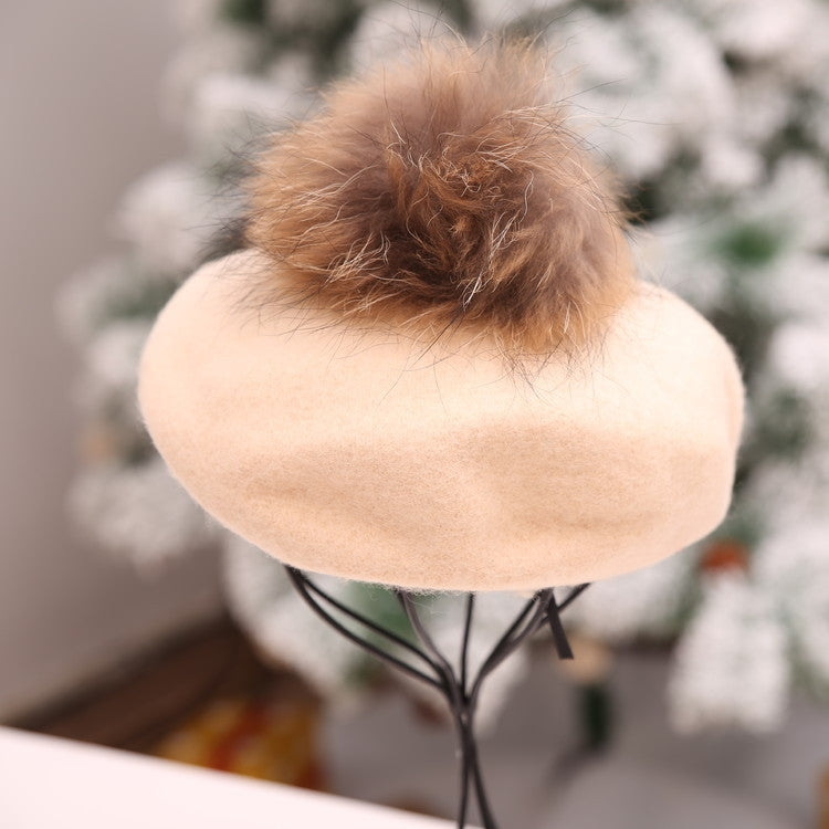 Cappello da donna in cashmere allentato con berretto a sfera in peluche retrò, One Size