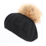 Cappello da donna in cashmere allentato con berretto a sfera in peluche retrò, One Size