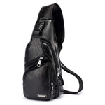 Borsa a tracolla singola da uomo in pelle PU impermeabile per il tempo libero con porta di ricarica USB e foro per le cuffie