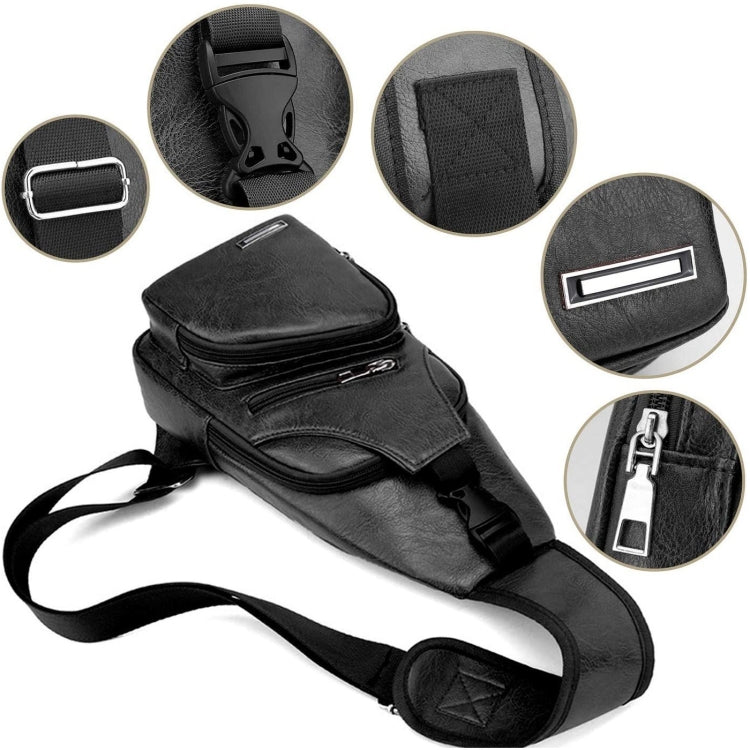 Borsa a tracolla singola da uomo in pelle PU impermeabile per il tempo libero con porta di ricarica USB e foro per le cuffie