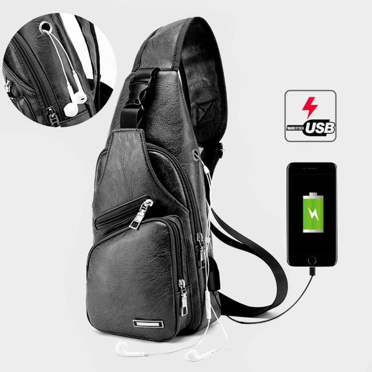 Borsa a tracolla singola da uomo in pelle PU impermeabile per il tempo libero con porta di ricarica USB e foro per le cuffie