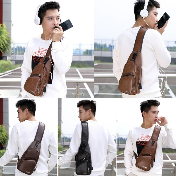Borsa a tracolla singola da uomo in pelle PU impermeabile per il tempo libero con porta di ricarica USB e foro per le cuffie