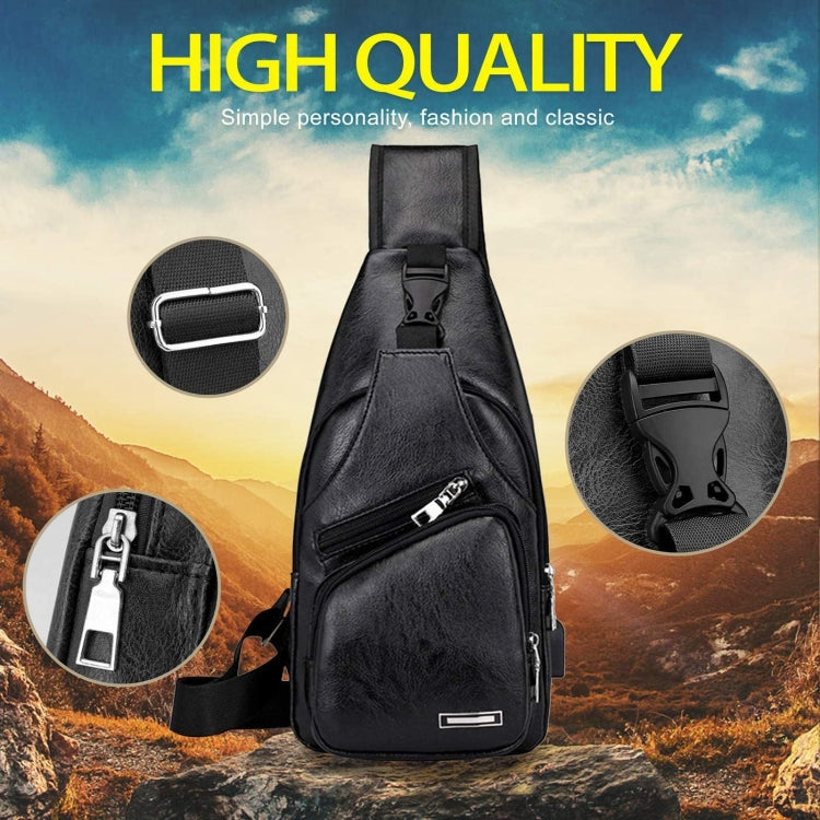 Borsa a tracolla singola da uomo in pelle PU impermeabile per il tempo libero con porta di ricarica USB e foro per le cuffie