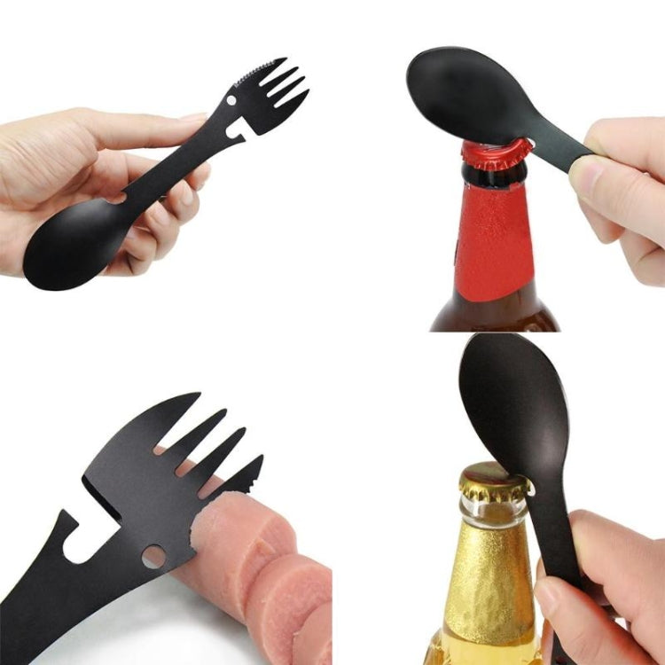 2 PZ 5 in 1 Attrezzi da esterno multifunzionali Kit EDC di sopravvivenza da campeggio in acciaio inossidabile Pratico forchetta coltello cucchiaio bottiglia/apriscatole