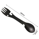 2 PZ 5 in 1 Attrezzi da esterno multifunzionali Kit EDC di sopravvivenza da campeggio in acciaio inossidabile Pratico forchetta coltello cucchiaio bottiglia/apriscatole