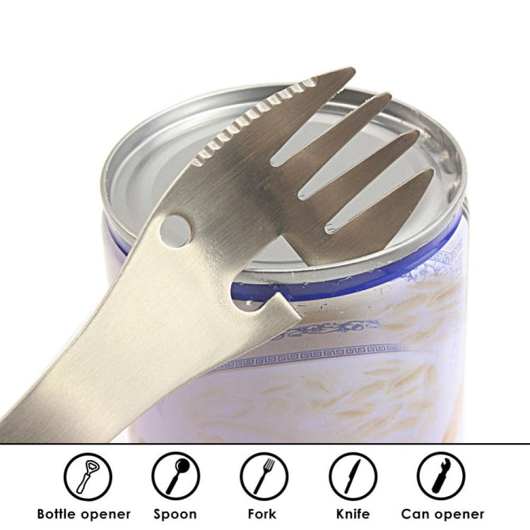 2 PZ 5 in 1 Attrezzi da esterno multifunzionali Kit EDC di sopravvivenza da campeggio in acciaio inossidabile Pratico forchetta coltello cucchiaio bottiglia/apriscatole