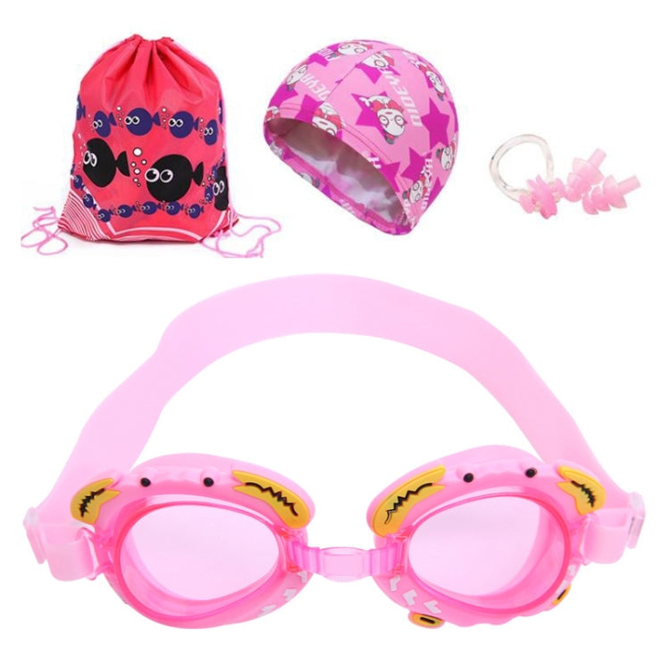 4 in 1 Cartoon Little Crab Occhialini da nuoto in silicone impermeabili e antiappannamento + Cuffia da nuoto con motivo stampato + Tappi per le orecchie con clip per naso + Borsa per riporre l'attrezzatura da nuoto per bambini                          ...