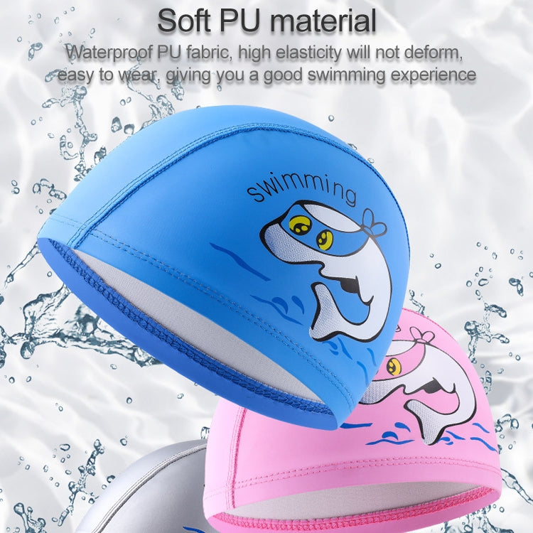 Cuffia da nuoto per bambini Cuffia da nuoto elastica stampata in PU con motivo simpatico delfino, Children PU Swimming Cap (Dark Blue), Children PU Swimming Cap (Pink), Children PU Swimming Cap (Sky Blue), Children PU Swimming Cap (Silver Grey)