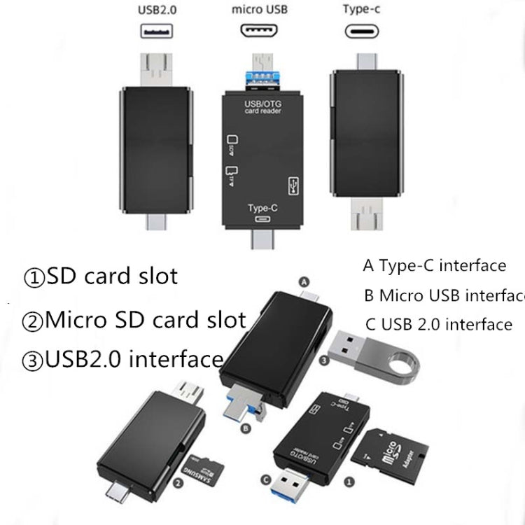 2 PC Type-C e Micro USB e USB 2.0 Lettore di schede multifunzione 3 in 1, supporto disco U / TF / SD, Black, White