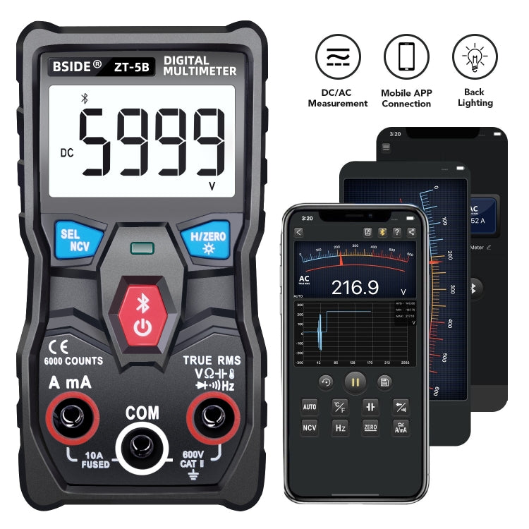 BSIDE ZT-5B Multimetro digitale intelligente Bluetooth 6000 parole con portata automatica, ZT-5B