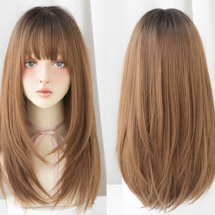 Parrucca da donna con frangia d'aria per capelli lunghi e lisci, Honey Tea, Cool Brown, Black Brown