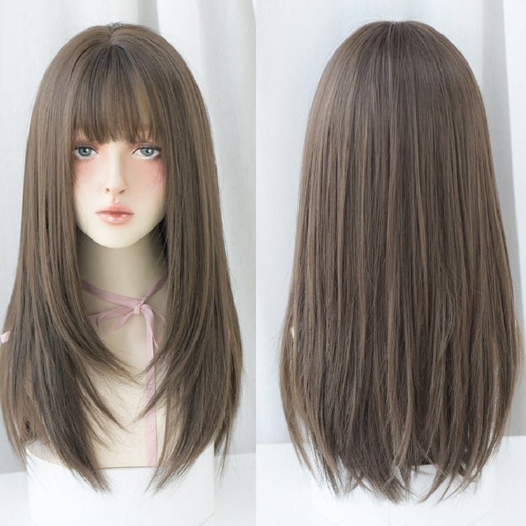 Parrucca da donna con frangia d'aria per capelli lunghi e lisci, Honey Tea, Cool Brown, Black Brown