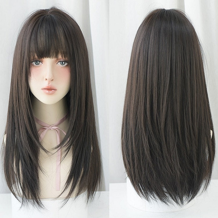 Parrucca da donna con frangia d'aria per capelli lunghi e lisci, Honey Tea, Cool Brown, Black Brown