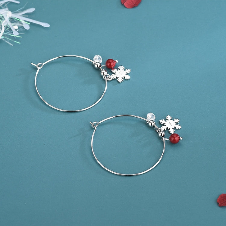 Orecchini natalizi con orecchini a forma di fiocco di neve con palla rossa e diamanti scintillanti in argento sterling S925