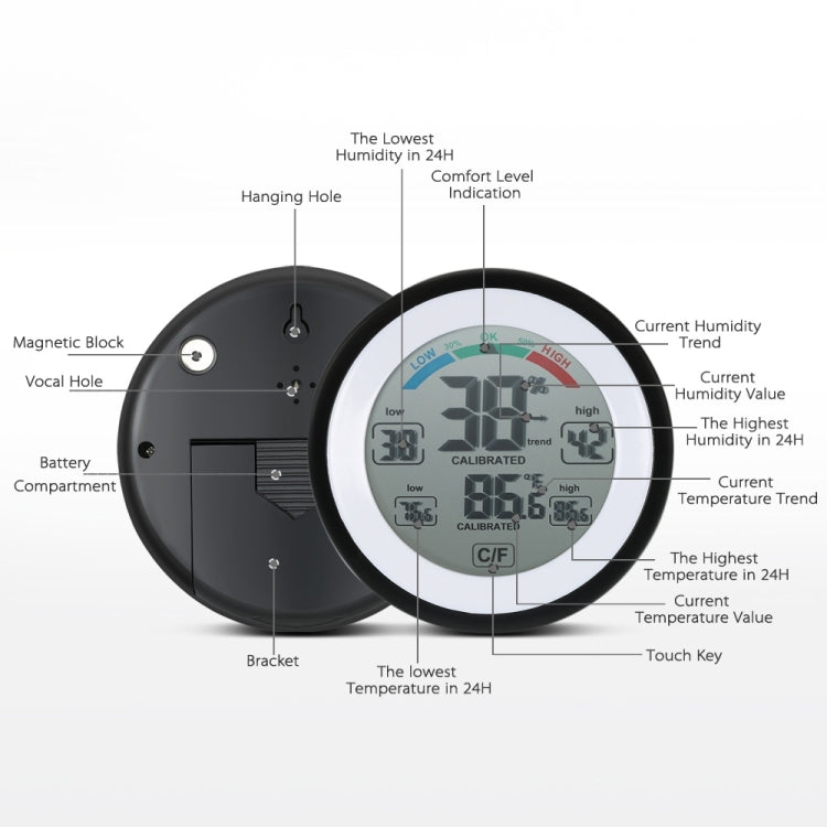 TS-S93 Termometro digitale multifunzione Igrometro Misuratore di umidità e temperatura, Visualizzazione della tendenza del valore massimo minimo C/Funit