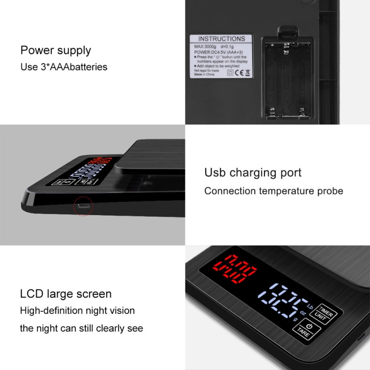 Bilancia da caffè intelligente spinta a mano per uso domestico Bilancia da cucina intelligente alimentata tramite USB con temporizzazione, 3kg/0.1g, 5kg/0.1g, 10kg/1g