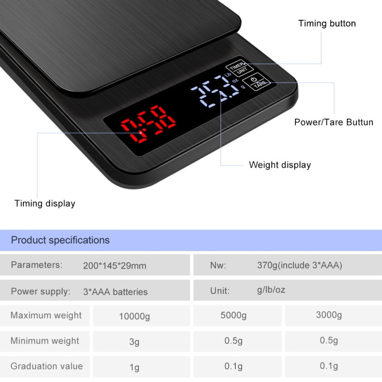 Bilancia da caffè intelligente spinta a mano per uso domestico Bilancia da cucina intelligente alimentata tramite USB con temporizzazione, 3kg/0.1g, 5kg/0.1g, 10kg/1g