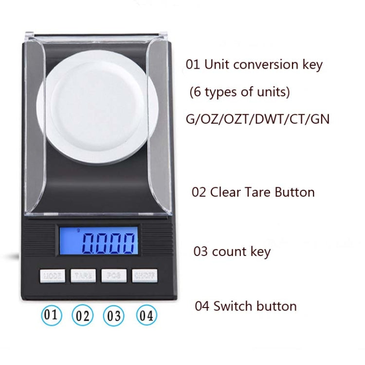 Bilancia per gioielli portatile ad alta precisione Mini bilancia elettronica Bilancia elettronica per carati di precisione, 10g/0.001g, 20g/0.001g, 50g/0.001g, 100g/0.001g