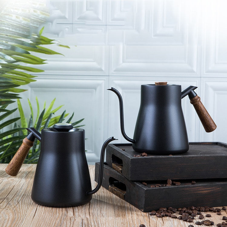 Caffettiera in acciaio inossidabile 304 Caffettiera con manico in legno Pentola snella a bocca lunga in Teflon, Without Thermometer, With Thermometer