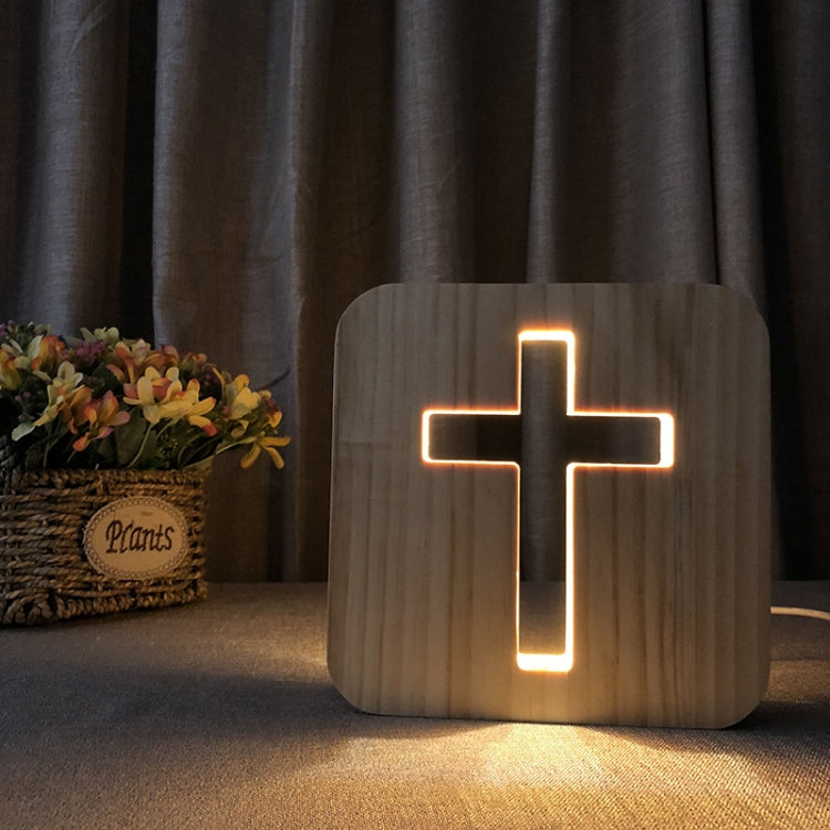 Lampada da tavolo artigianale Cross Pine Luce notturna a LED in legno, Cross
