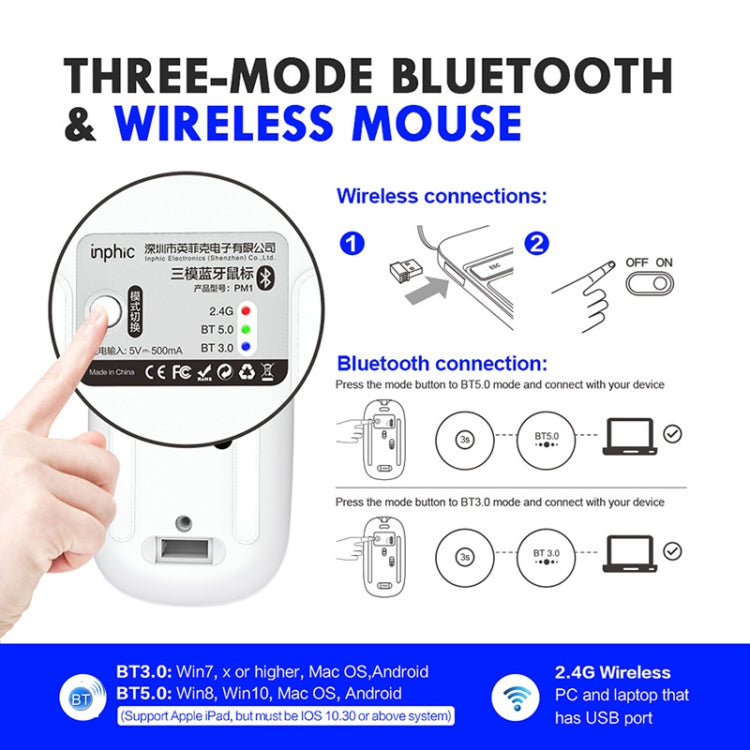 Mouse wireless per laptop Inphic PM1 Office muto, Matte, Battery Display, Bluetooth