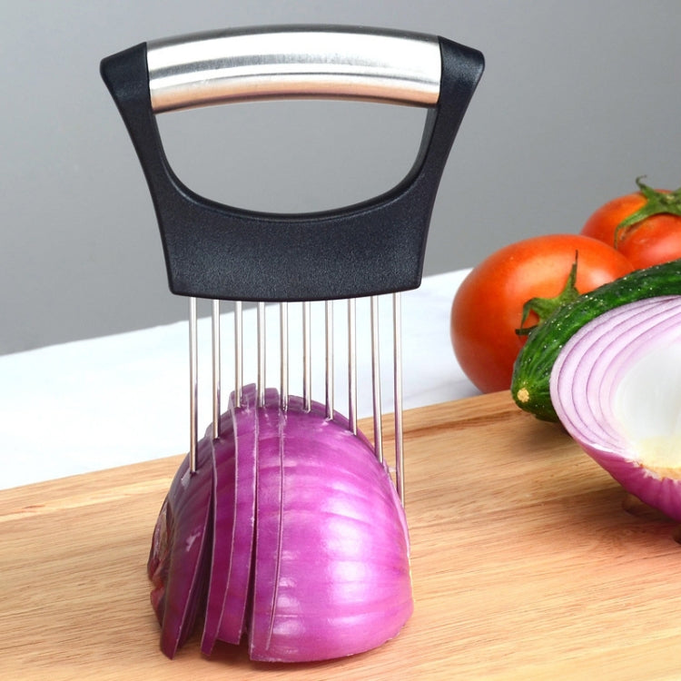 2 pezzi in acciaio inox, forchetta per cipolla, supporto per affettare verdure da cucina, Black Silver