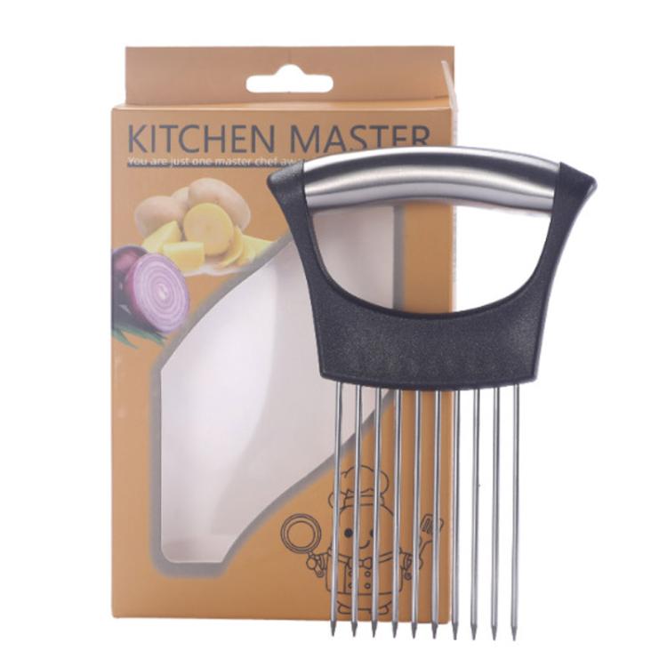 2 pezzi in acciaio inox, forchetta per cipolla, supporto per affettare verdure da cucina, Black Silver