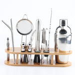 Set shaker per cocktail 18 in 1 in acciaio inossidabile, base ovale in bambù, set di strumenti da bar, 350ml, 550ml, 750ml