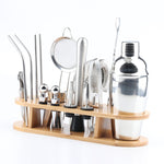 Set shaker per cocktail 18 in 1 in acciaio inossidabile, base ovale in bambù, set di strumenti da bar, 350ml, 550ml, 750ml