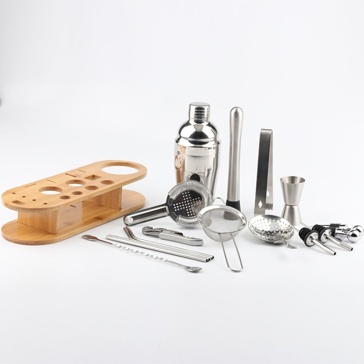 Set shaker per cocktail 18 in 1 in acciaio inossidabile, base ovale in bambù, set di strumenti da bar, 350ml, 550ml, 750ml