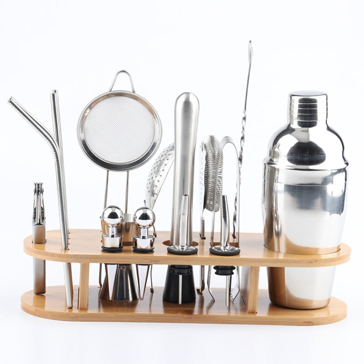 Set shaker per cocktail 18 in 1 in acciaio inossidabile, base ovale in bambù, set di strumenti da bar, 350ml, 550ml, 750ml