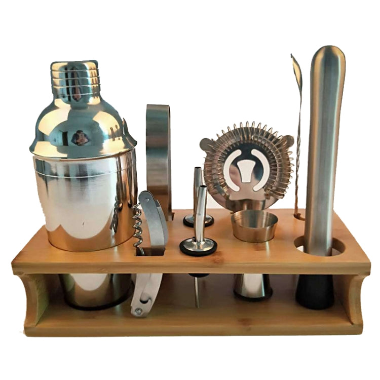 Shaker in acciaio inossidabile 10 in 1 con supporto in bambù, set di strumenti per barman da cocktail con bocca obliqua, 350ml, 550ml, 750ml