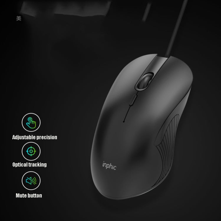 Inphic PB1 Mouse cablato da gioco con definizione macro, muto per ufficio aziendale, lunghezza cavo: 1,5 m, Black Silen Business Version, Classic Back Breathing Light, Matte White Breathing Light