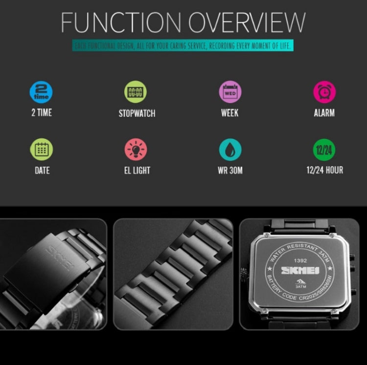 SKMEI 1392 Orologio sportivo da esterno multifunzione Orologio elettronico impermeabile con doppio display da lavoro