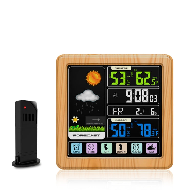 TS-3310 Orologio meteorologico wireless Orologio multifunzionale con schermo a colori Termometro touch screen creativo per la casa, Wood Grain, Black