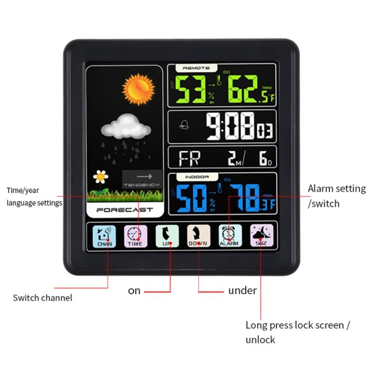 TS-3310 Orologio meteorologico wireless Orologio multifunzionale con schermo a colori Termometro touch screen creativo per la casa, Wood Grain, Black