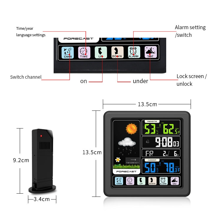 TS-3310 Orologio meteorologico wireless Orologio multifunzionale con schermo a colori Termometro touch screen creativo per la casa, Wood Grain, Black
