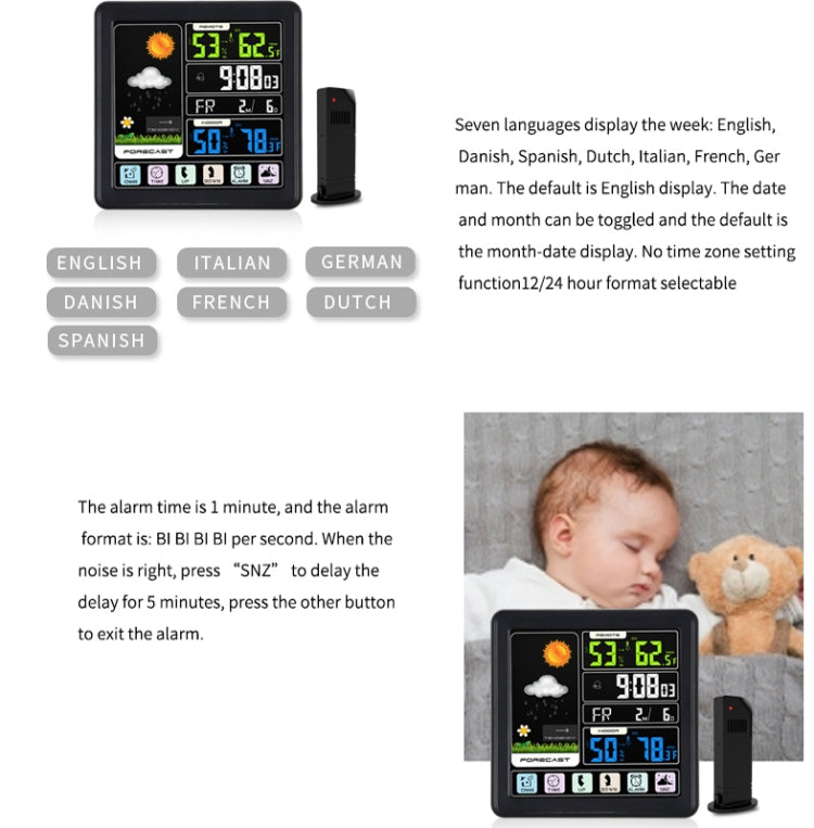 TS-3310 Orologio meteorologico wireless Orologio multifunzionale con schermo a colori Termometro touch screen creativo per la casa, Wood Grain, Black