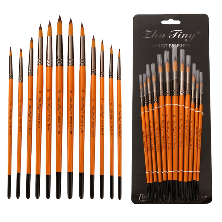 ZHU TING 12 PCS / Set Corto palo di legno in nylon per capelli Pennello per linea di ganci per acquerelli Pennello per pennellate per pittura a olio per unghie, Watercolor Hook Line Brush