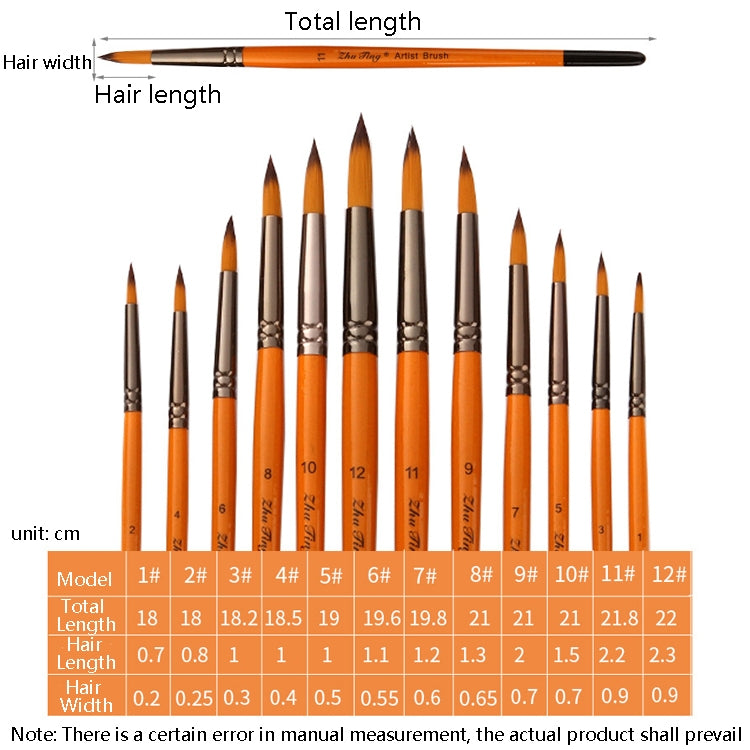 ZHU TING 12 PCS / Set Corto palo di legno in nylon per capelli Pennello per linea di ganci per acquerelli Pennello per pennellate per pittura a olio per unghie, Watercolor Hook Line Brush
