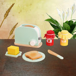 Set da cucina per simulazione per bambini. Taglio di cibo in legno per bambini. Fai finta di giocare a un giocattolo, Bread Maker, Coffee Machine, Juicer, Blender, Mini Oven, Delicious Salad Set, Waffles